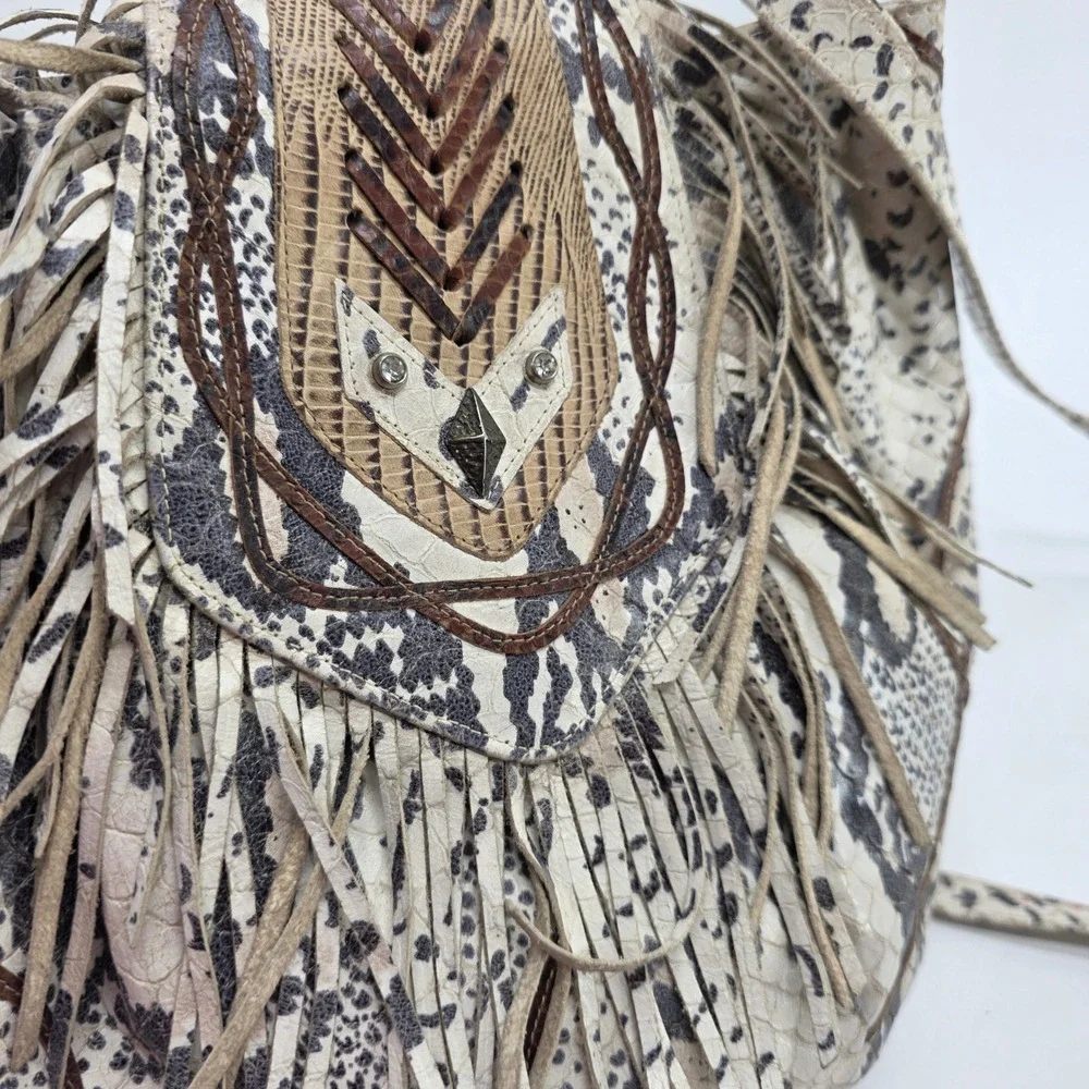 Vintage Hobo Bucket Bag Snakeskin Print‎ Fringe Leather Brown Cream Coin Purse